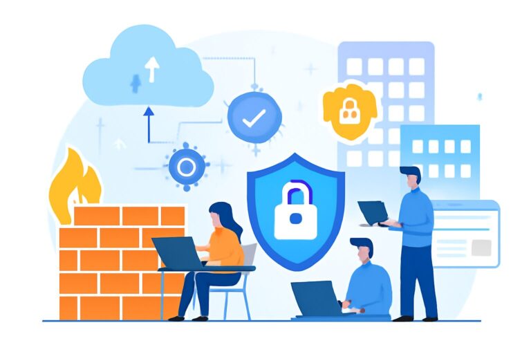 Illustration of enterprise network security with firewalls and cloud protection icons