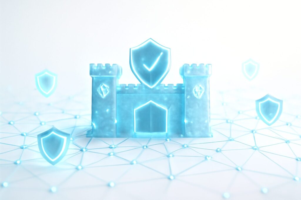 An abstract digital fortress made of glowing interconnected nodes and shields representing cybersecurity exposure surface management