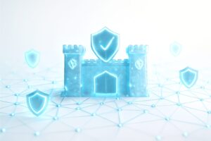 An abstract digital fortress made of glowing interconnected nodes and shields representing cybersecurity exposure surface management