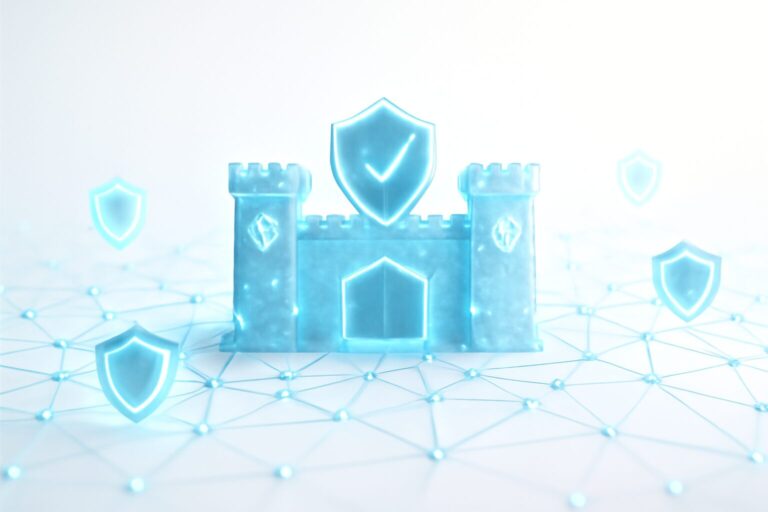 An abstract digital fortress made of glowing interconnected nodes and shields representing cybersecurity exposure surface management