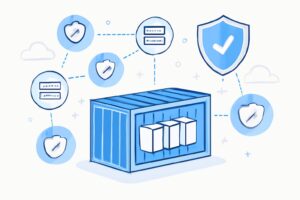 An illustration showing secure containerized software deployment with shield icons representing cybersecurity