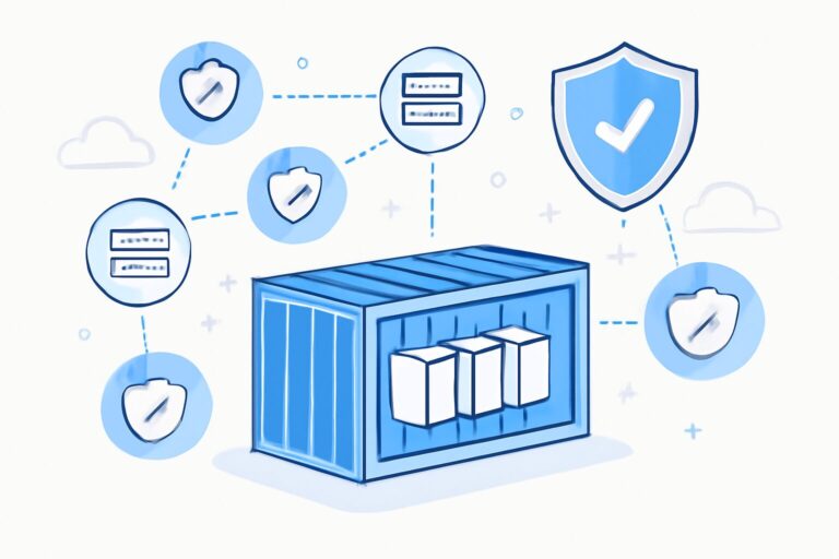 An illustration showing secure containerized software deployment with shield icons representing cybersecurity