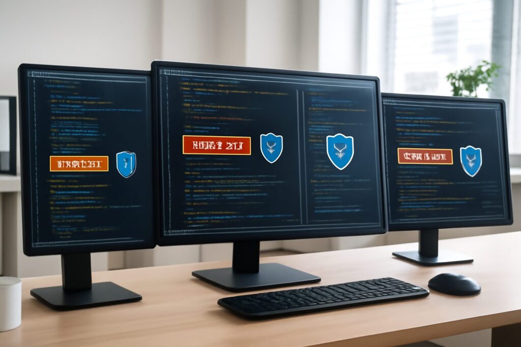 Illustration showing software developers analyzing legacy code with security shields to represent protection strategies.