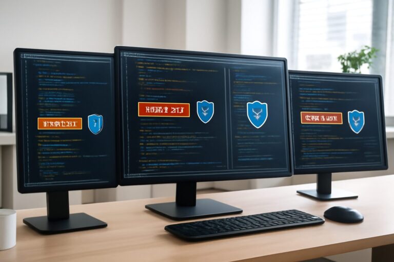 Illustration showing software developers analyzing legacy code with security shields to represent protection strategies.