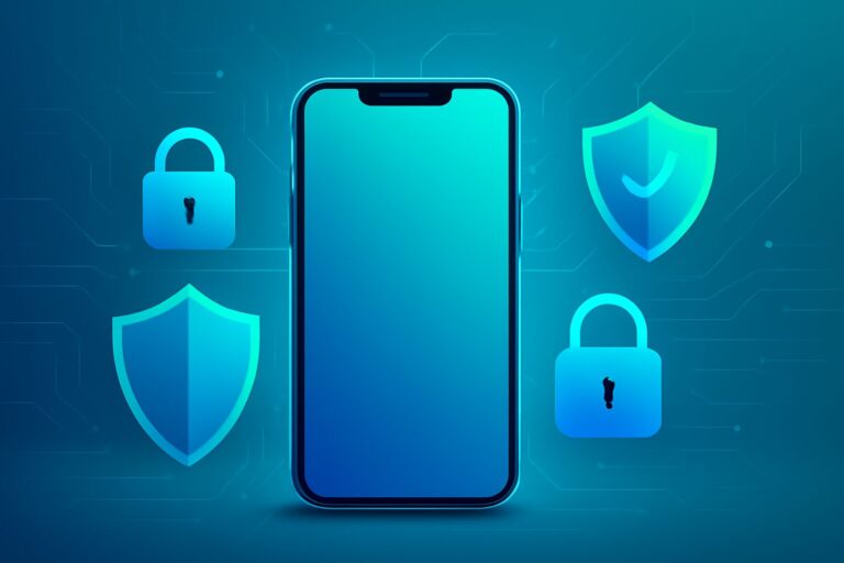 Smartphone with digital locks and shield icons symbolizing mobile app privacy protection