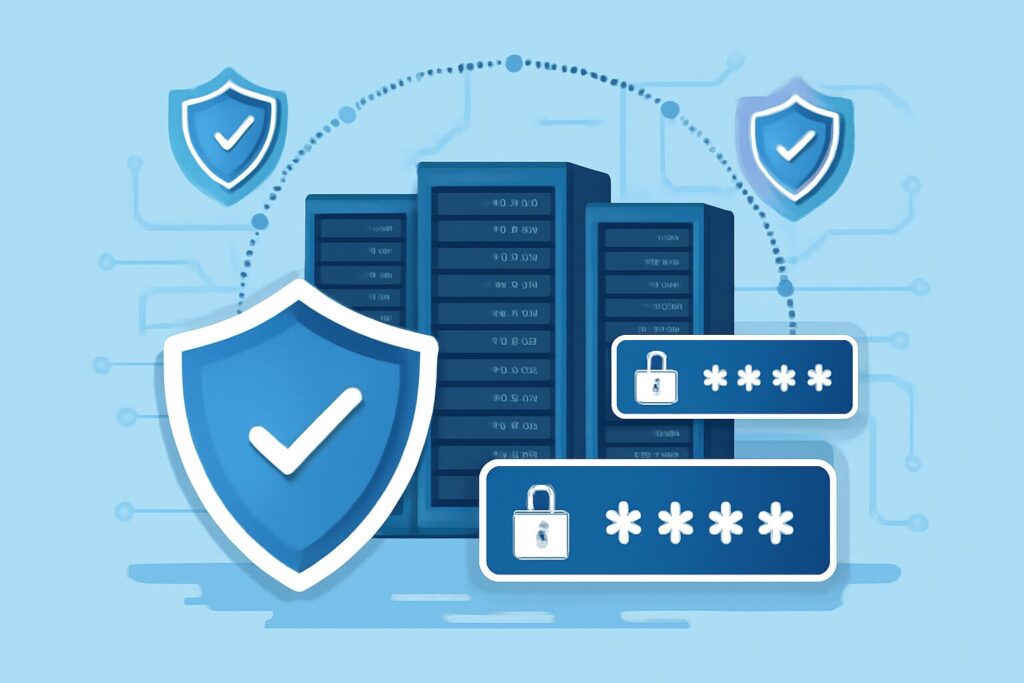 Illustration of a secure data center with shields and password icons symbolizing cybersecurity