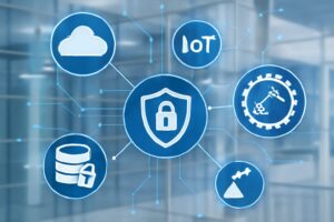 Illustration showing digital security elements including cloud services, IoT devices, industrial control and data protection