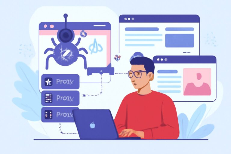 Illustration of a developer designing a high-performance web crawler with proxies and browser emulation