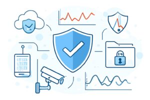 Illustration of multi-layer cybersecurity defenses for Cloud, IoT, and data protection highlighting active threat monitoring