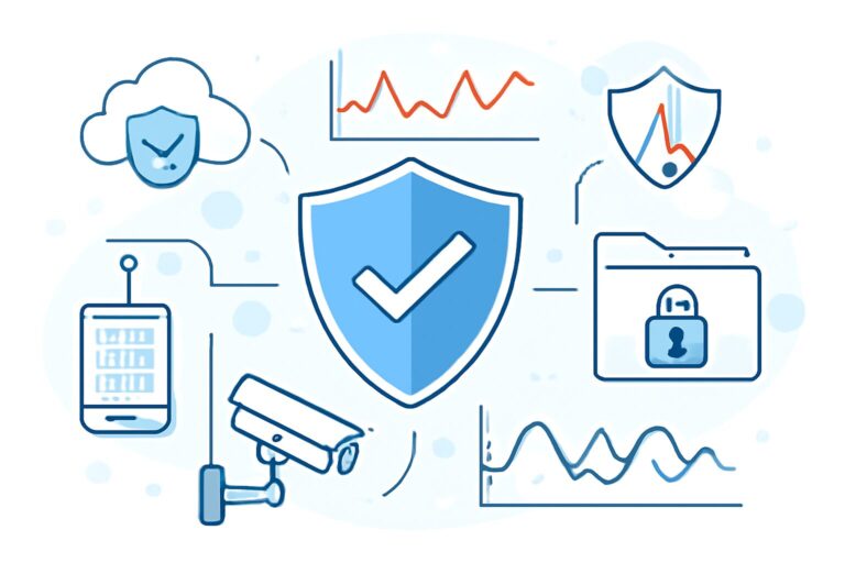 Illustration of multi-layer cybersecurity defenses for Cloud, IoT, and data protection highlighting active threat monitoring