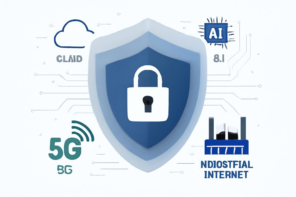 Illustration of multi-layered cybersecurity protections for cloud, AI, 5G, and industrial internet networks