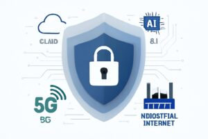 Illustration of multi-layered cybersecurity protections for cloud, AI, 5G, and industrial internet networks