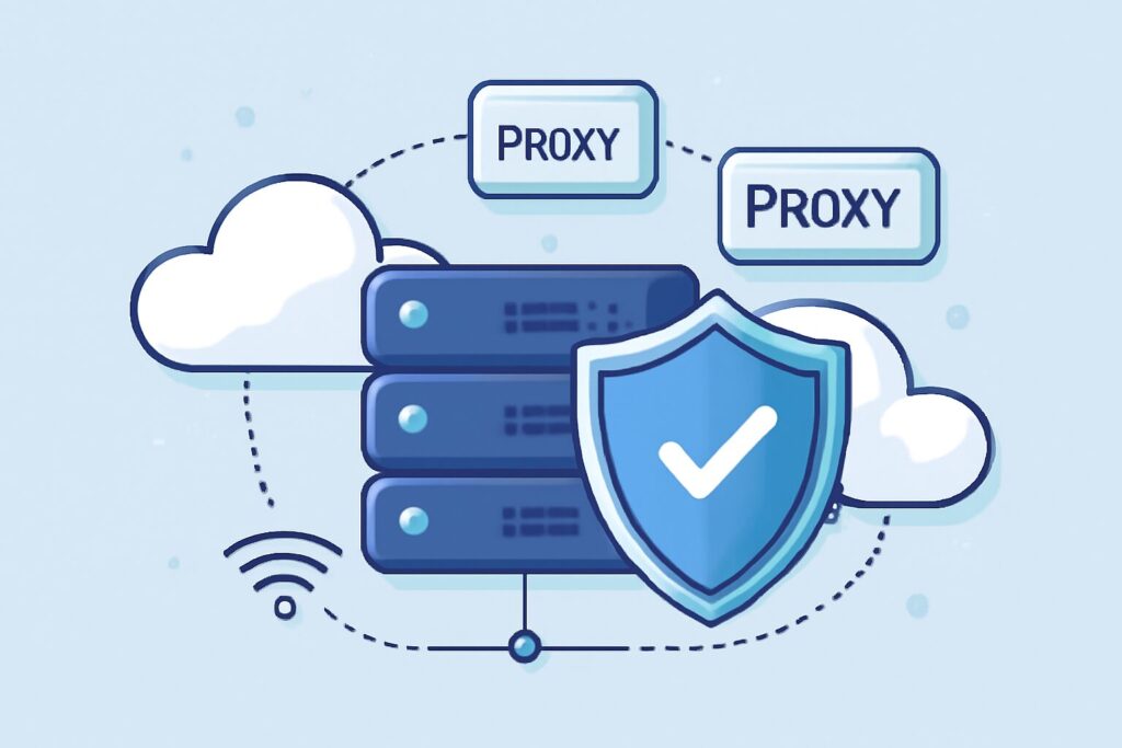 Illustration of a network server protected by cloud services and proxies to prevent 521 errors