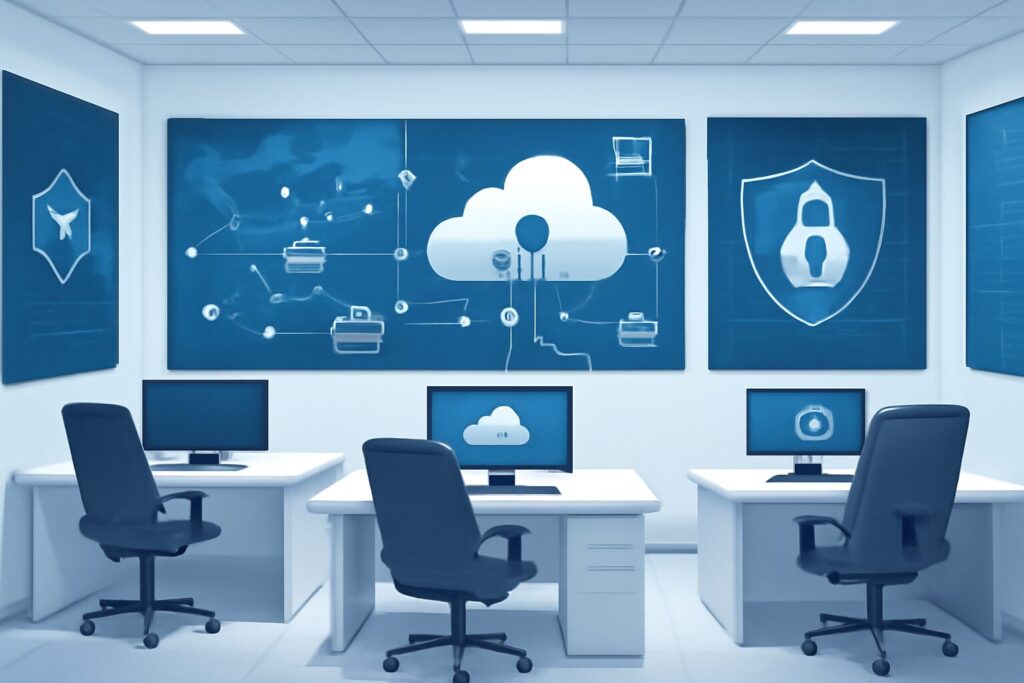 A bright data center interior showcasing advanced cybersecurity and cloud computing technologies in a professional environment.