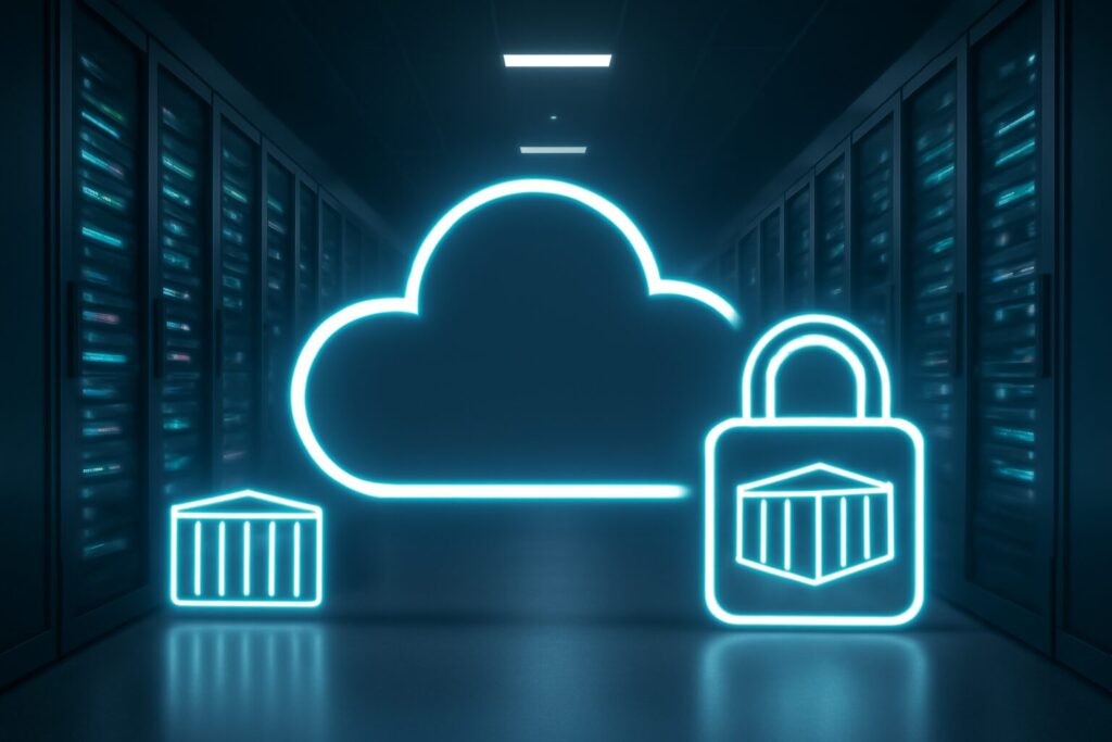 Illustration depicting secure cloud servers and container technology for development and testing environment protection