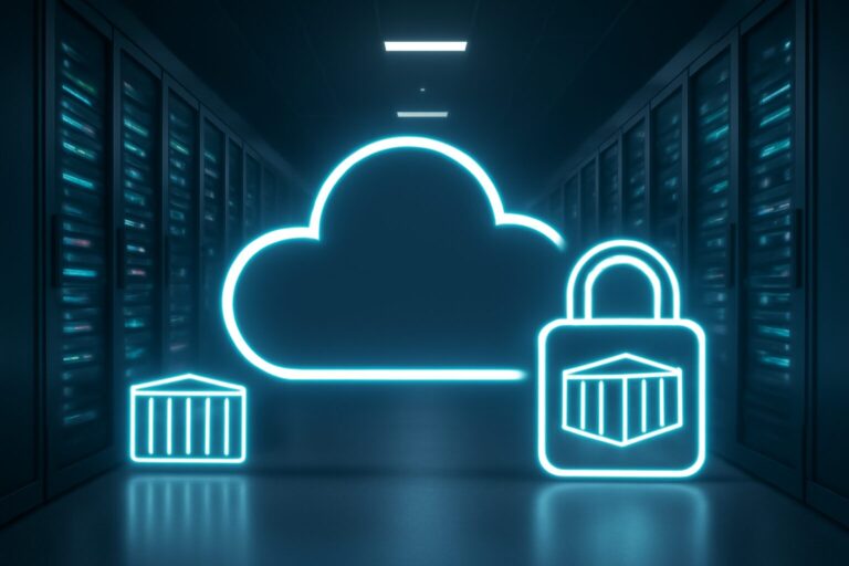 Illustration depicting secure cloud servers and container technology for development and testing environment protection