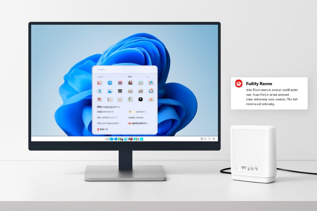Illustration of a Windows 11 desktop showing modem connectivity problems after update