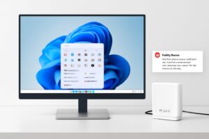 Illustration of a Windows 11 desktop showing modem connectivity problems after update