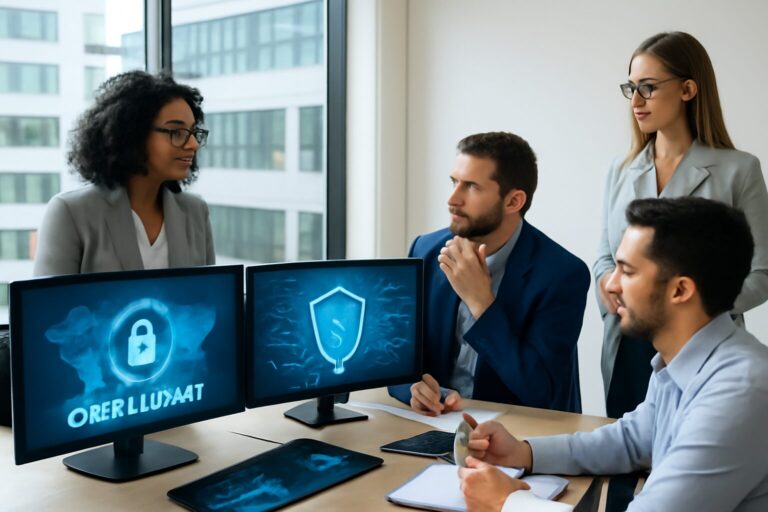 Technology professionals analyzing network security data on multiple screens in a bright office