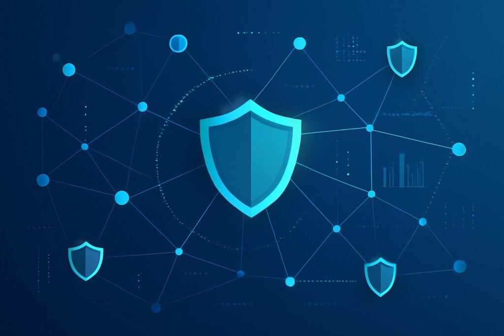 Illustration of network protection with shields and interconnected nodes symbolizing zero trust and active security response