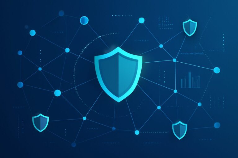Illustration of network protection with shields and interconnected nodes symbolizing zero trust and active security response