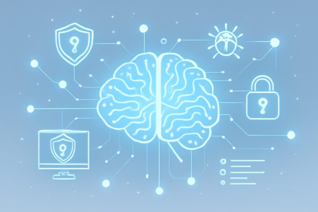 Digital illustration of an AI brain connected to digital nodes symbolizing AI-driven cyber attacks and defense