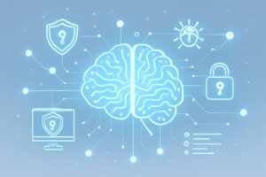 Digital illustration of an AI brain connected to digital nodes symbolizing AI-driven cyber attacks and defense