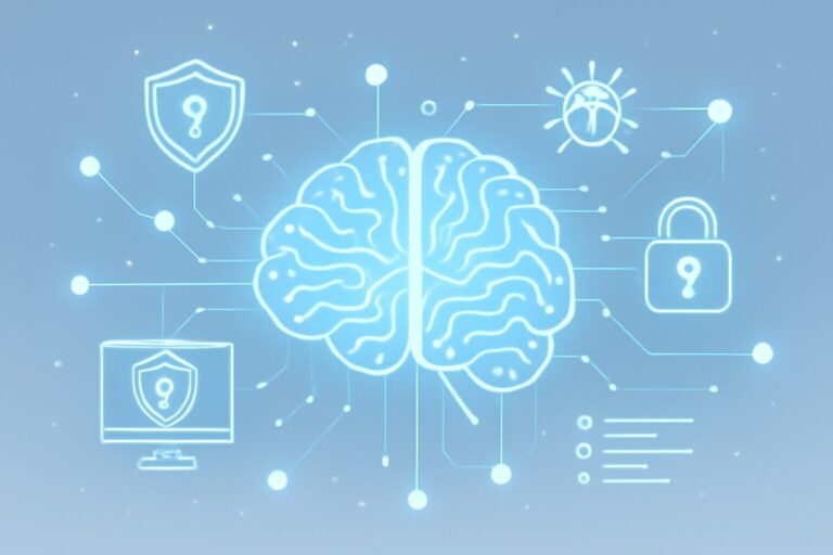 Digital illustration of an AI brain connected to digital nodes symbolizing AI-driven cyber attacks and defense