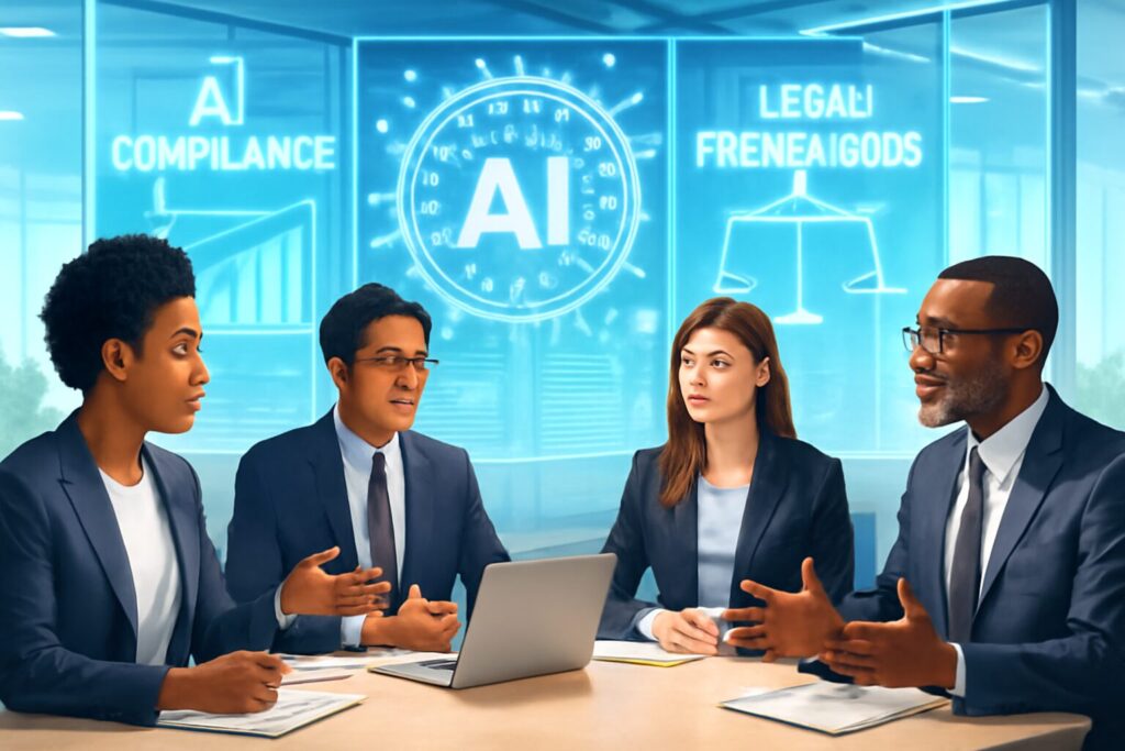 International business professionals discussing AI compliance with holographic AI model charts