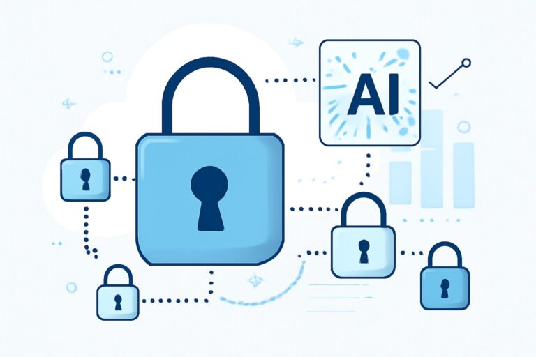 Illustration of data security locks and AI icons representing data protection in AI systems