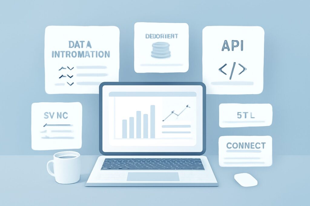 A modern digital workspace with multiple windows showing data integration and technology keywords