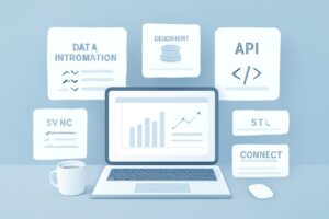 A modern digital workspace with multiple windows showing data integration and technology keywords