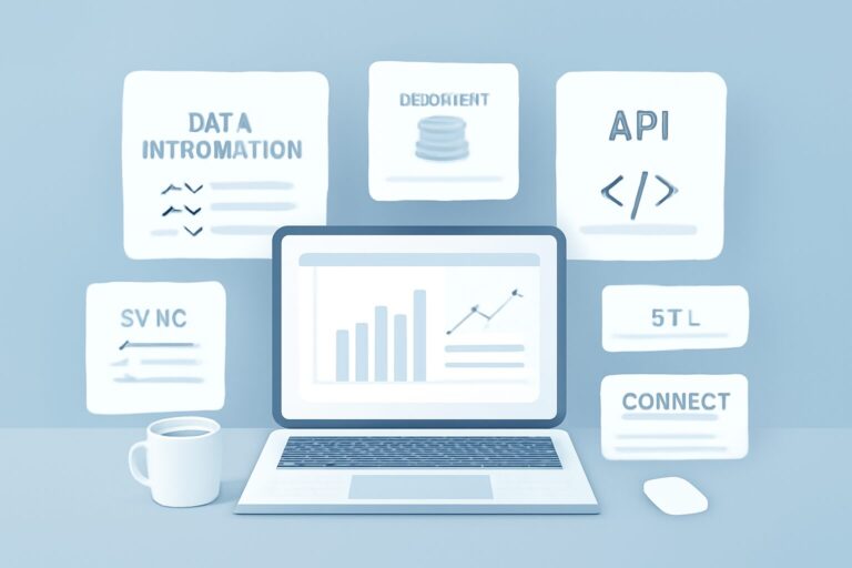 A modern digital workspace with multiple windows showing data integration and technology keywords