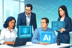 Professionals collaborating with AI-powered interfaces in a modern office, illustrating secure and efficient AI governance for enterprises