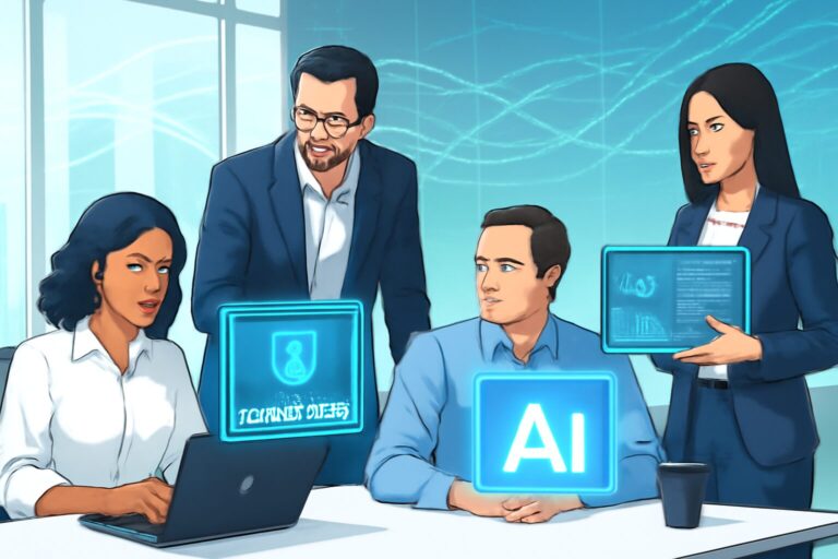 Professionals collaborating with AI-powered interfaces in a modern office, illustrating secure and efficient AI governance for enterprises