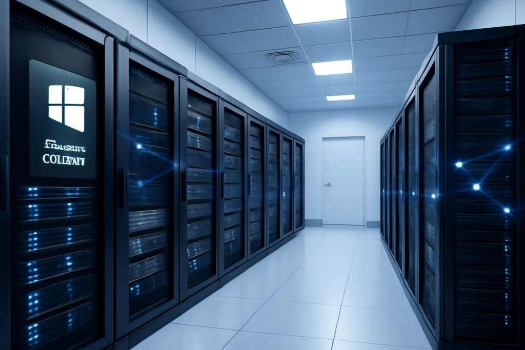 Server room with racks of servers and network connections illustrating data security management