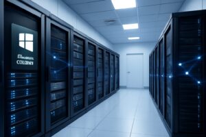 Server room with racks of servers and network connections illustrating data security management