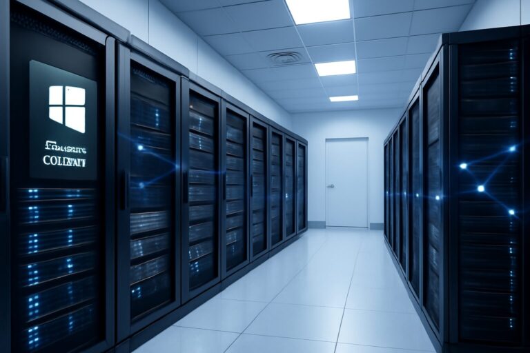 Server room with racks of servers and network connections illustrating data security management