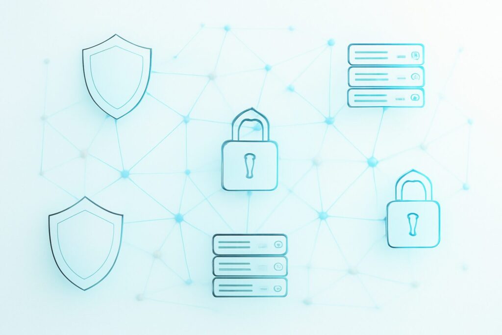 Illustration of cybersecurity with secure access controls and servers preventing unauthorized access