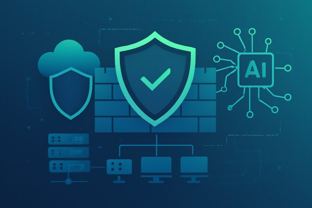 Illustration of a digital firewall shield defending a network from AI-based cyber attacks