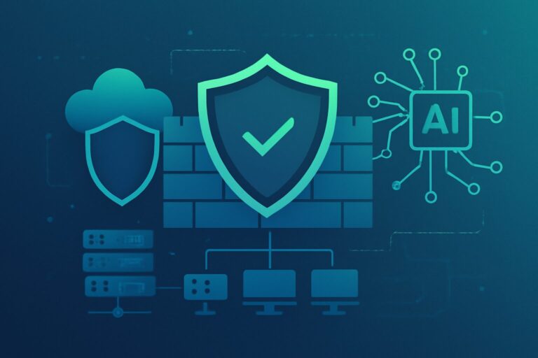 Illustration of a digital firewall shield defending a network from AI-based cyber attacks