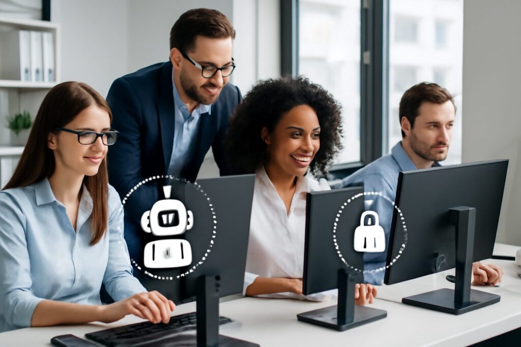 Illustration of professionals working in an office with digital AI assistant icons representing Microsoft 365 Copilot security and compliance