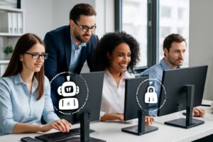 Illustration of professionals working in an office with digital AI assistant icons representing Microsoft 365 Copilot security and compliance
