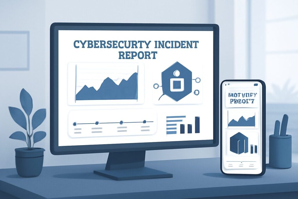 An illustration of a cybersecurity incident reporting dashboard displaying timelines, graphs, and secure network alerts.