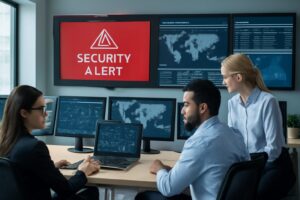 Cybersecurity experts monitoring network security alerts in a professional office setting
