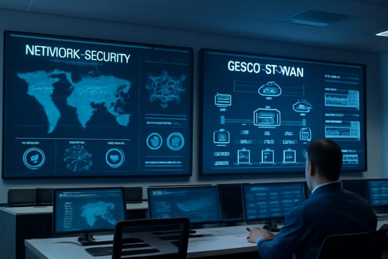 Network operations center displaying Cisco Catalyst SD-WAN security monitoring dashboards