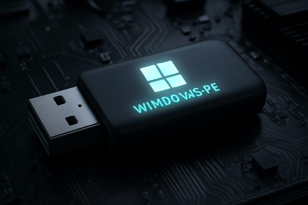 USB flash drive with Windows PE logo on a computer motherboard background