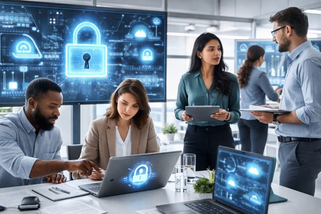 Professionals collaborating on cybersecurity compliance and AI data protection in a bright office environment