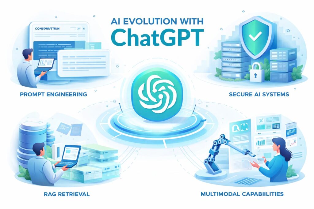 Graphic showing ChatGPT AI evolution with prompt engineering, secure enterprise AI, and retrieval-augmented generation concepts