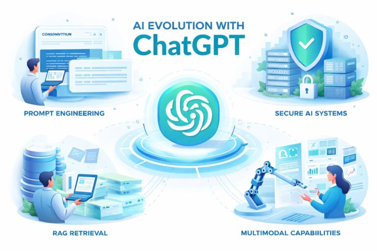 Graphic showing ChatGPT AI evolution with prompt engineering, secure enterprise AI, and retrieval-augmented generation concepts